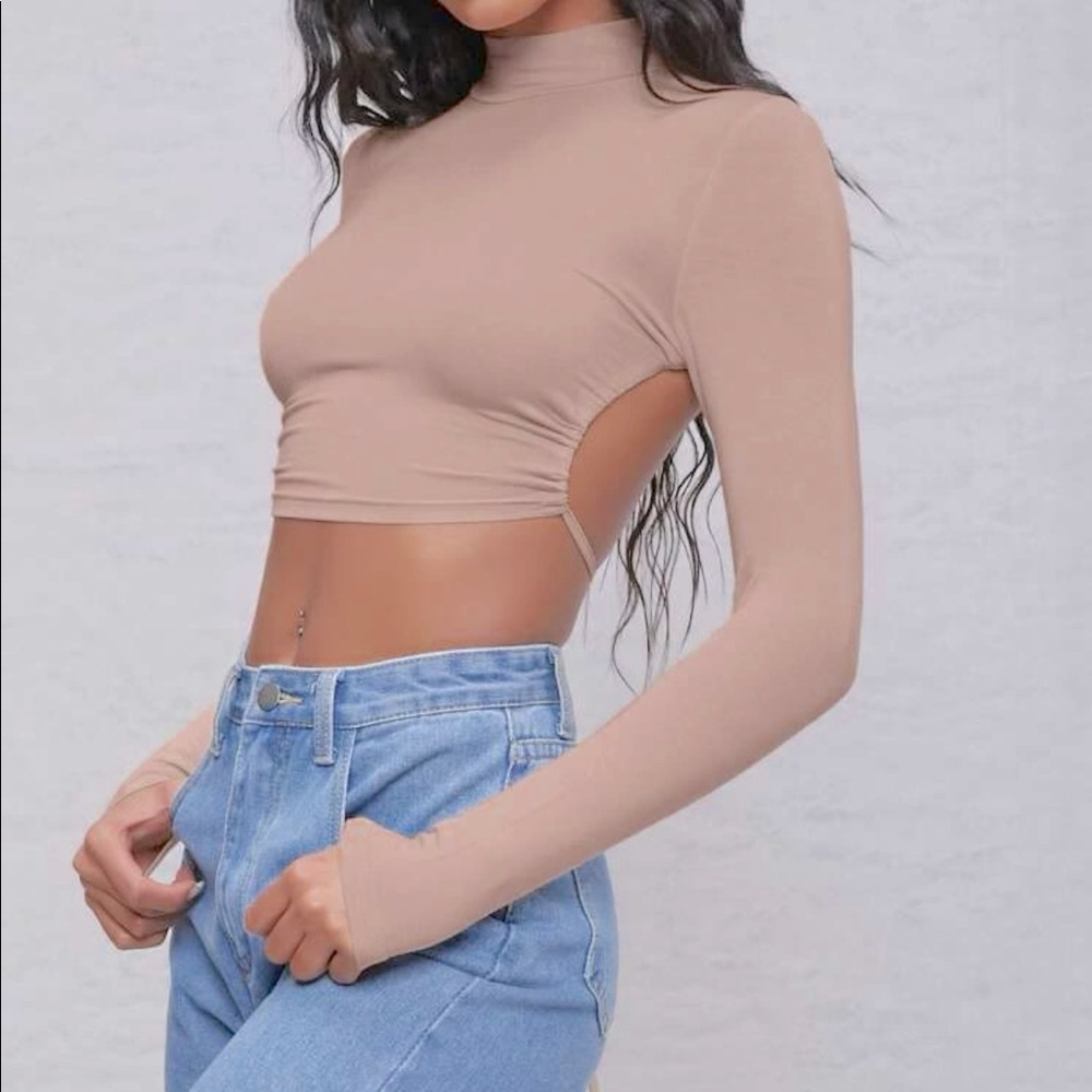tan open back shirt